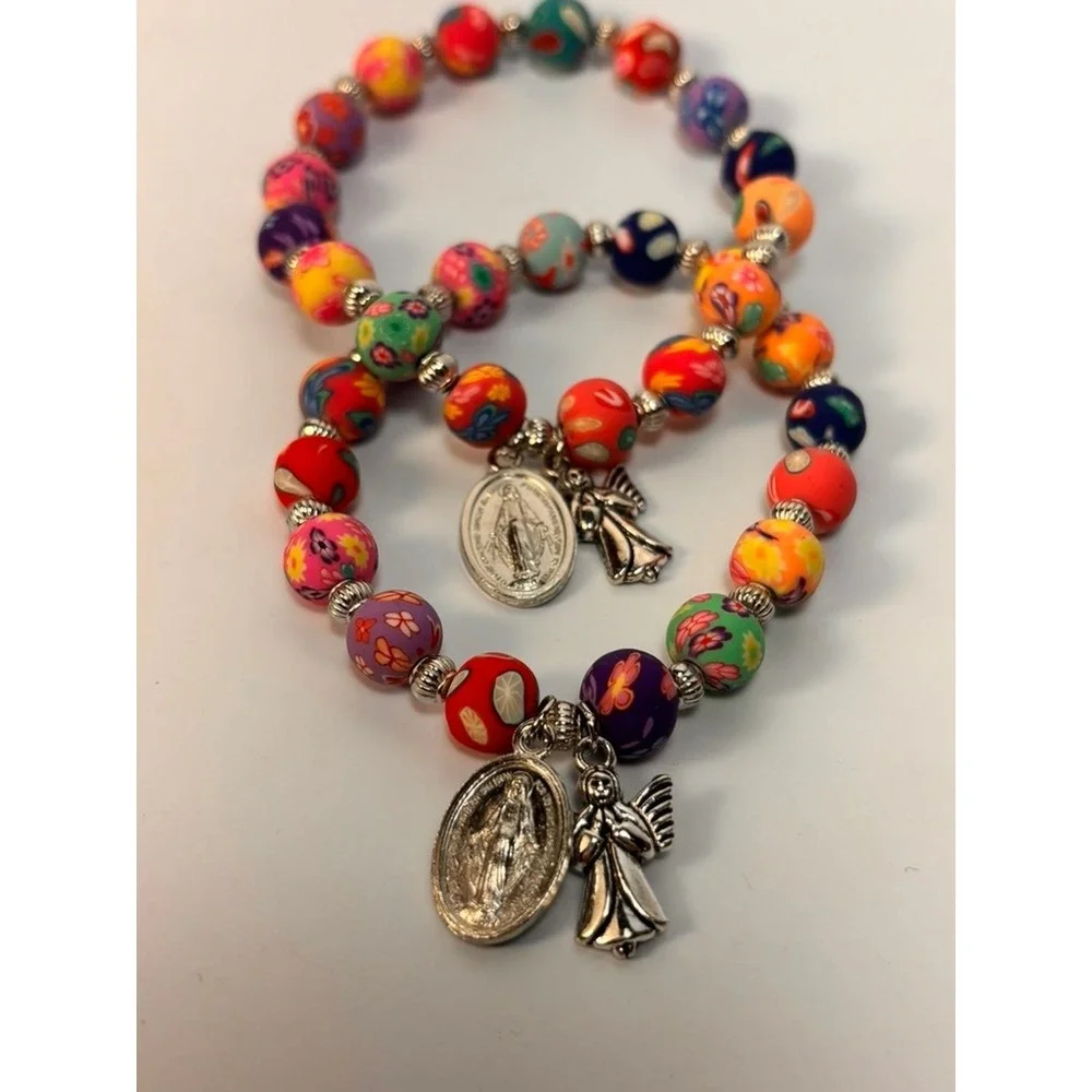 Beaded Stretch Bracelet Set Multicolor Religious Angel Charms‎ Kidcore Boho